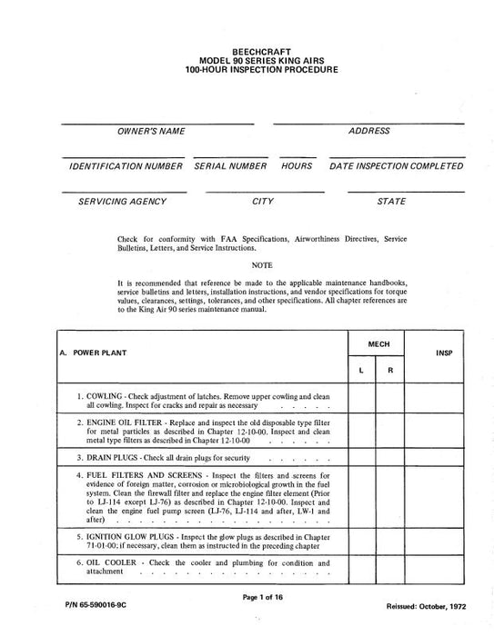 Beech King Air 90 Series 100 Inspection Manual (65-590016-9C)