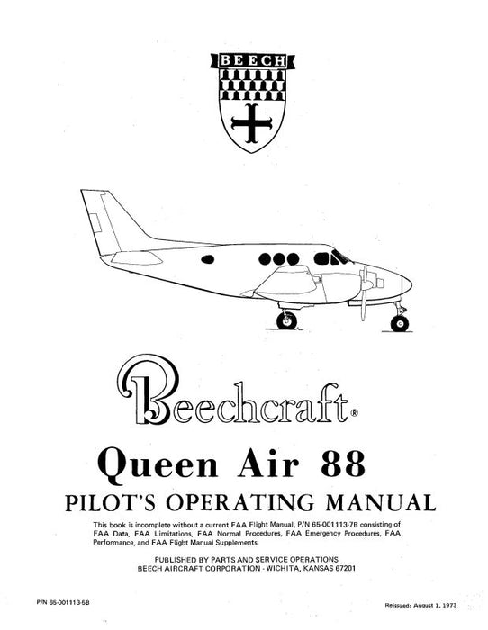 Beech Queen Air 88 Series POH Pilot's Operating Handbook (65-001113-58)