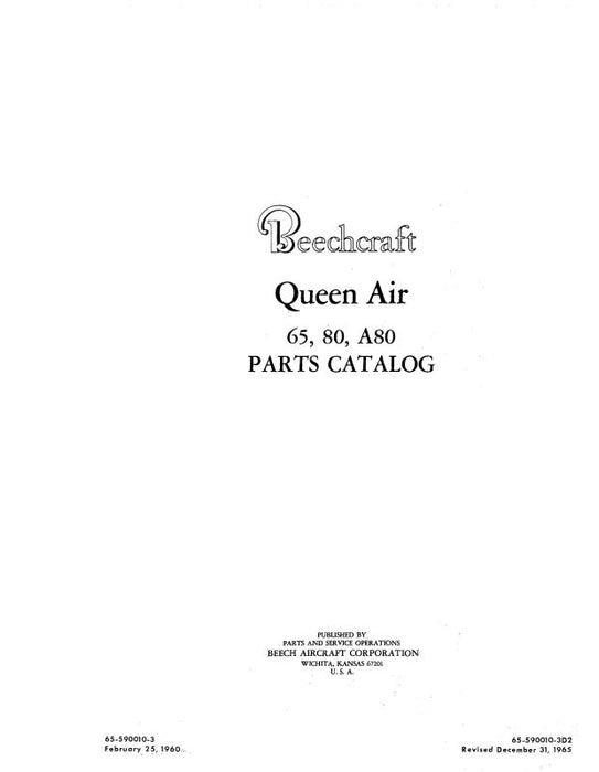 Beech Queen Air 65,80,A80 Parts Catalog (65-590010-3D2CO)
