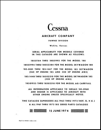Cessna 180 1963-1973 185 1961-73 Parts Catalog