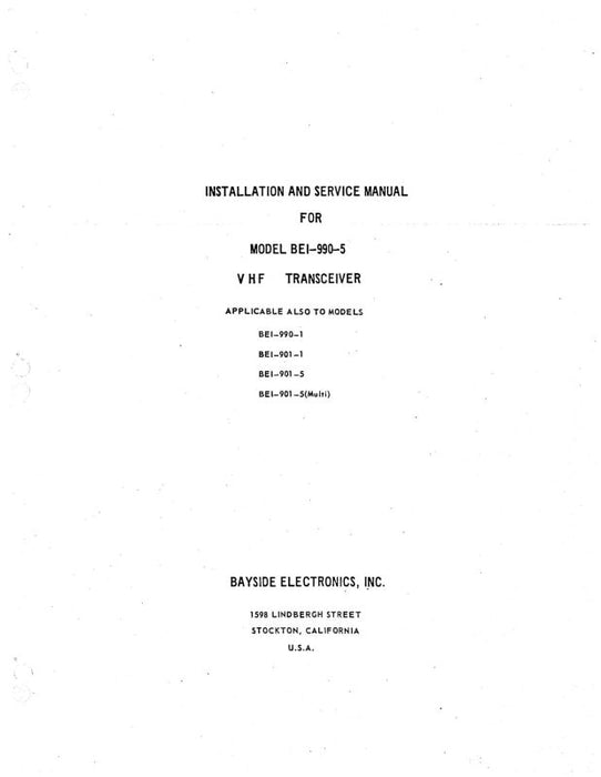 Bayside Electronics, Inc. Model BEI-990-5 VHF Transceiver Installation & Maintenance Manual (BYBEI9905-INM-C)