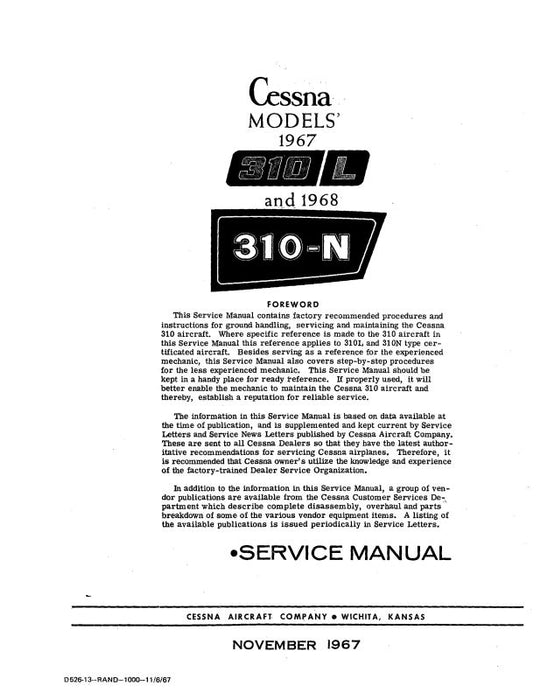 Cessna 310L 1968 310N 1967-68 Maintenance Manual