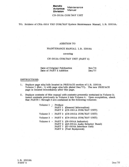 Bendix CN-2013A Com-Nav Unit Maintenance Manual (22010A)