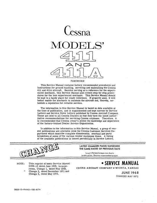 Cessna 411, 411A 1965-68 Maintenance Manual