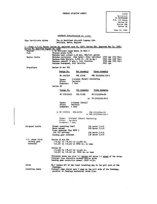 DeHavilland D.H. 114 Series 2A,2DA&2X 1966 Aircraft Specification (A-816)