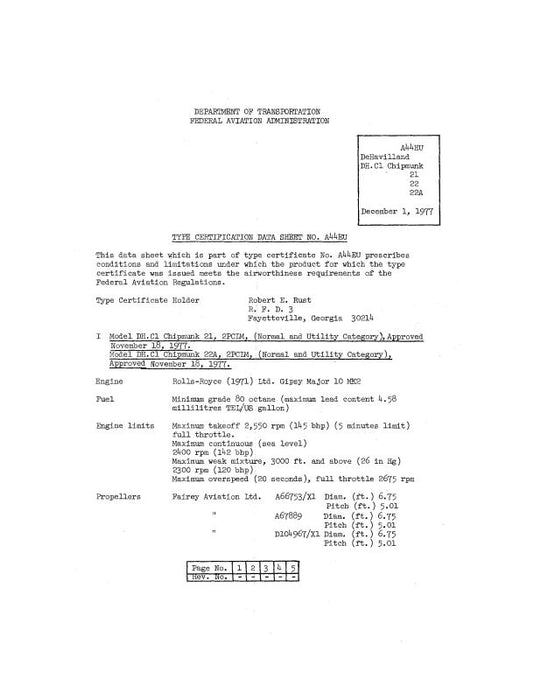 DeHavilland DH.C1 Chipmunk 21,22,22A 1977 Aircraft Specification (A44EU)