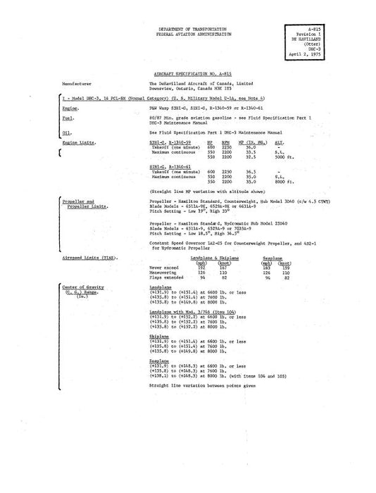 DeHavilland DHC-3 Otter 1975 Aircraft Specification (A-815)