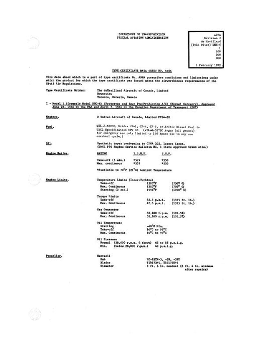 DeHavilland DHC-6 Twin Otter 1972 Aircraft Specification (A9EA)