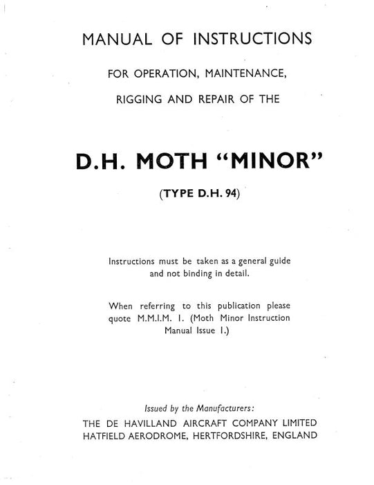 DeHavilland D.H. Moth Minor Type D.H. 94 Operation, Maintenance, Rigging & Repair (DEDH94-OM-C)