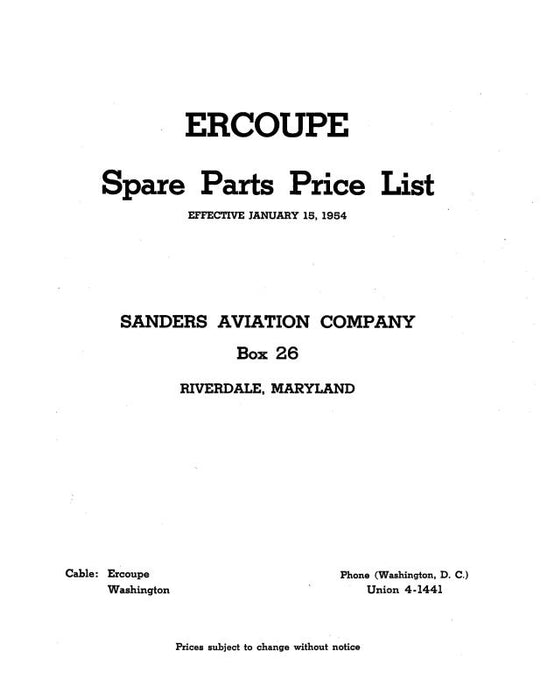 Ercoupe  Parts Price List Parts Price List (ERAIR-P-C)