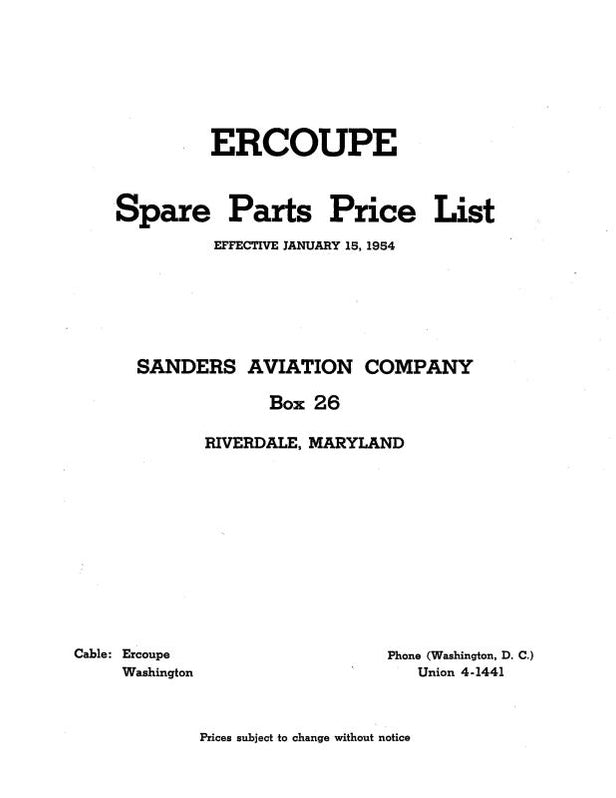 Ercoupe Parts Price List Parts Price List (ERAIRPC) — Essco Aircraft