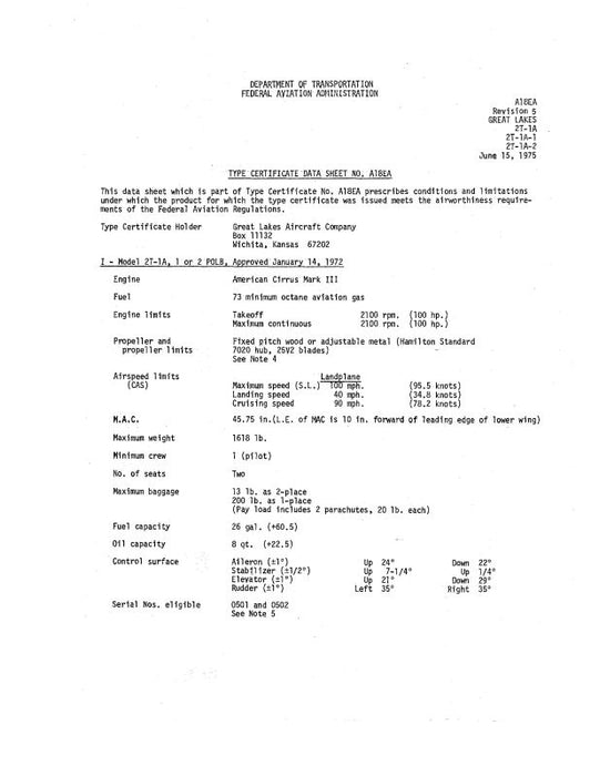 Great Lakes 2T-1A, -1, -2 Data Sheet Aircraft Specifications (A18EA)