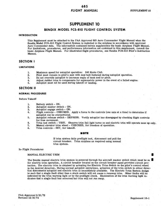 Bendix FCS-810 Flight Control System Flight Manual Supplement 10 (BXFCS810-F-C)