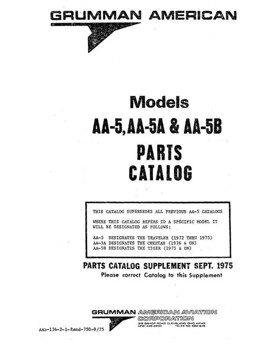 Grumman AA-5, AA-5A & AA-5B 1975 Parts Catalog (AA5-134-2-1)