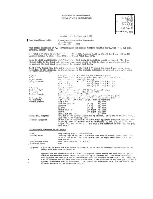 Grumman G-44 Widgeon A-734 Aircraft Specifications (GRG44-75-SPECC)