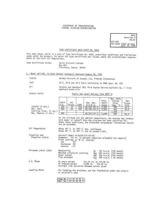 Helio Aircraft Corporation HST-550 & HST-550A 1978 Aircraft Specification (A4EA)