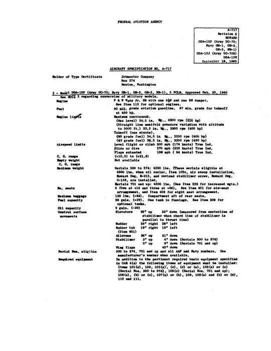 Howard DGA Series Specs A-717 Aircraft Specifications (HRDGA-SP-C)