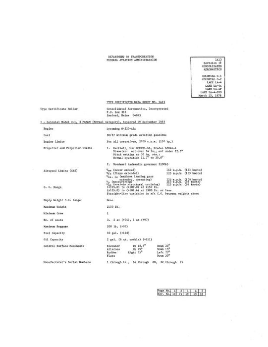 Lake Aircraft Colonial C-1,2,Lake LA-4,A,P Aircraft Specification (SPEC.-NO.-1A13)