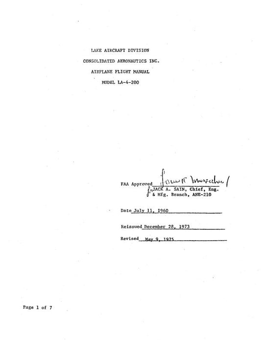 Lake Aircraft LA-4-200 1973 Flight Manual (LKLA4200-73-F-C)