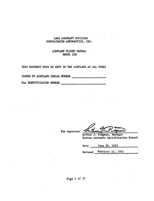 Lake Aircraft Model 250 Flight Manual (LKMOD250-F-C)