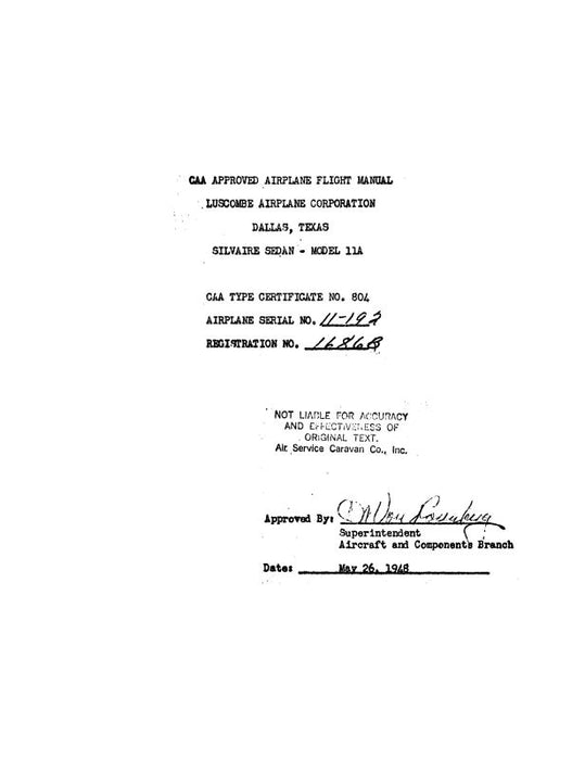 Luscombe  11A 1948 Flight Manual (LU11A-48-F-C)