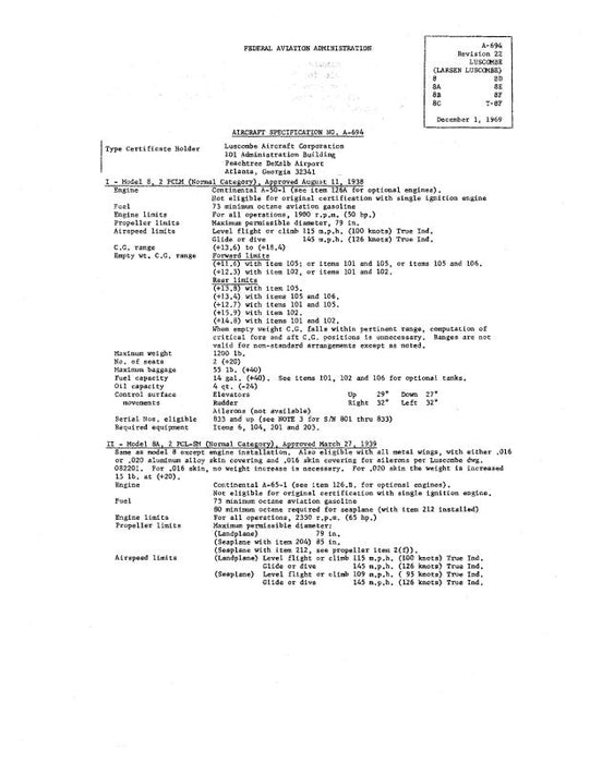 Luscombe  8,A-F, T-8F 1969 Aircraft Specification (SPEC.-NO.-A-694)