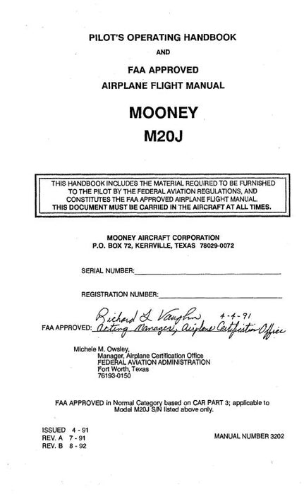 Mooney  M20J Pilot's Operating Handbook and Flight Manual (3202)