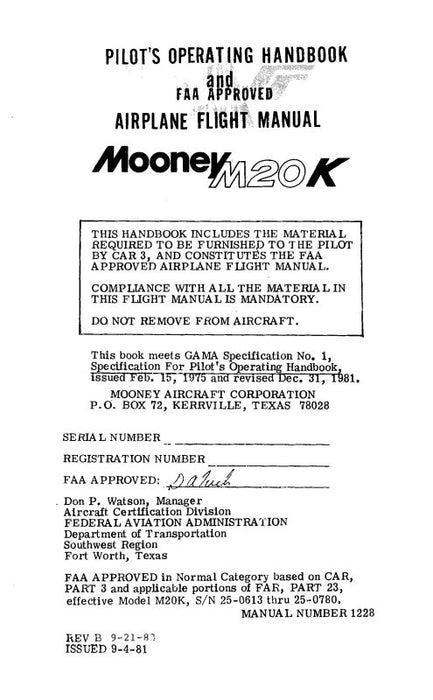 Mooney  M20K 1982-1983 Pilot's Operating Handbook and Flight Manual (1228)
