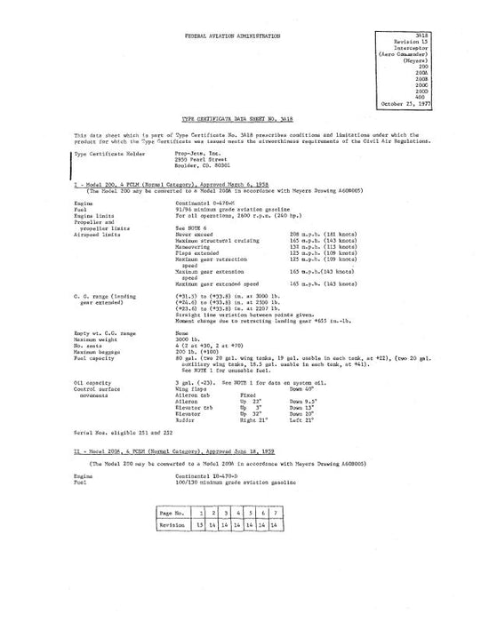 Meyers Aircraft Company 200,A,B,C,D,&400 Series 1977 Aircraft Specification (SPEC.-NO.-3A18)
