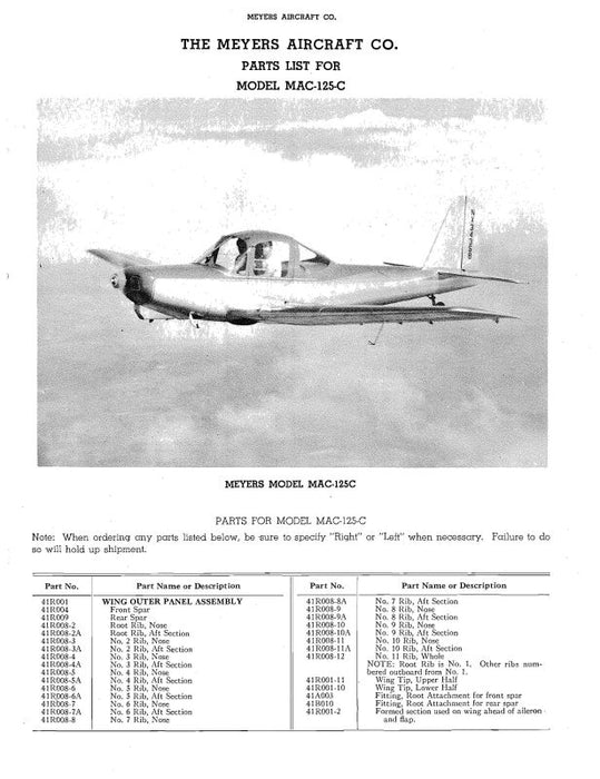 Meyers Aircraft Company MAC-125C Series Parts Catalog (MEMAC125C-P-C)