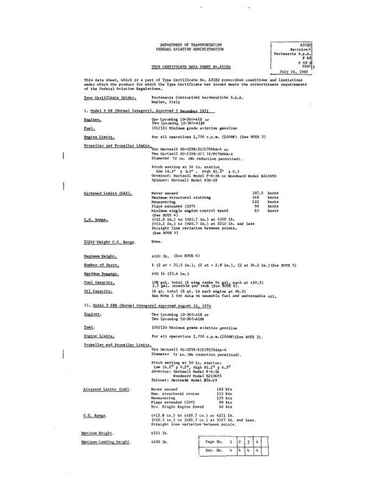 Partenavia P68,B,C 1980 Aircraft Specification (SPEC.-NO.-A31EU)