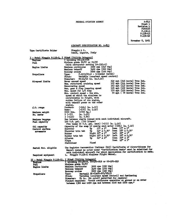 Piaggio P136L, L1,L2 1961 Aircraft Specification (SPEC.-NO.-A-813)