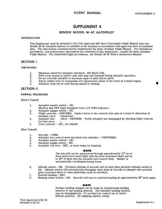 Bendix M-4C Autopilot Flight Manual Supplement 4 (BXM4C-72-F-C)