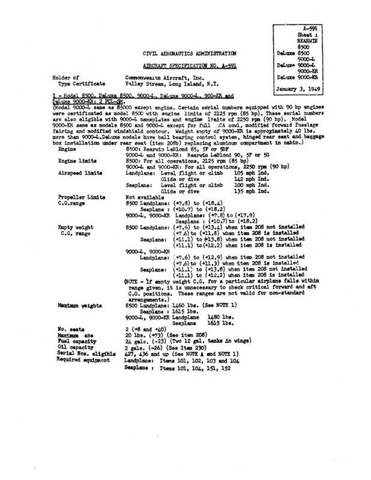 Rearwin 8500 Series 1949 Aircraft Specification (SPEC.-NO.-A-591)