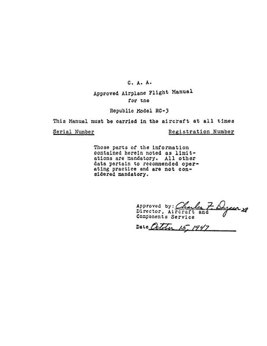 Republic Aviation RC-3 Seabee 1947 Flight Manual (RPRC3-F-C)