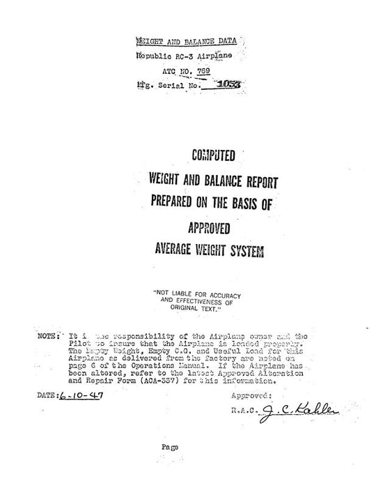 Republic Aviation RC-3 Seabee Weight & Balance Data (RPRC3-WB-C)