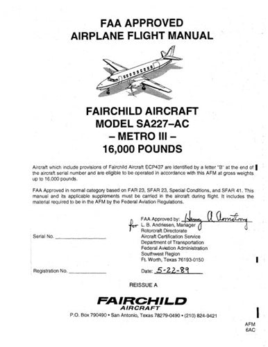 Merlin Aircraft SA-227-AC Metro III 1989 Flight Manual (MNSA227AC-89-FC)