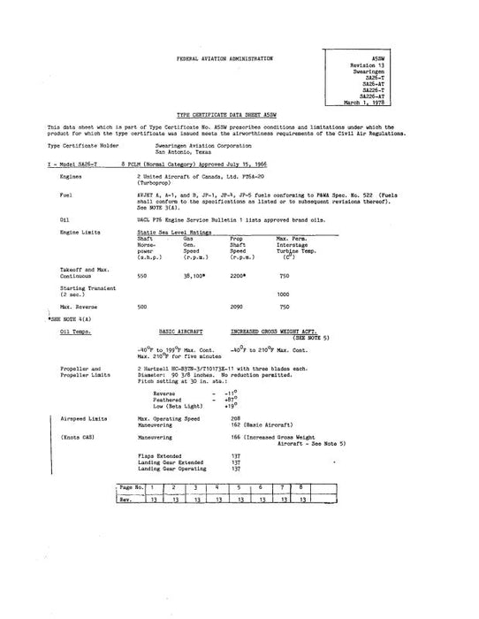 Merlin Aircraft SA26-T,AT,SA226-T,AT 1978 Aircraft Specification (SPEC.-NO.-A5SW)