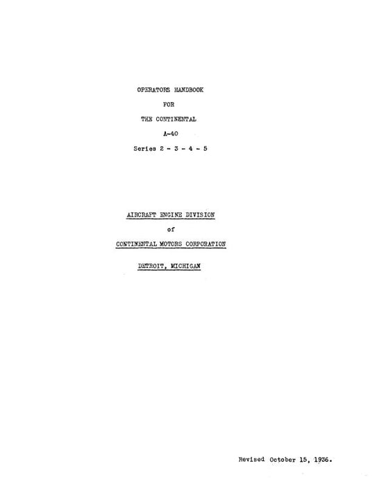 Continental A-40 Series 1,2,3 1936 Operator's Handbook (COA40-1,2,3-OPC)