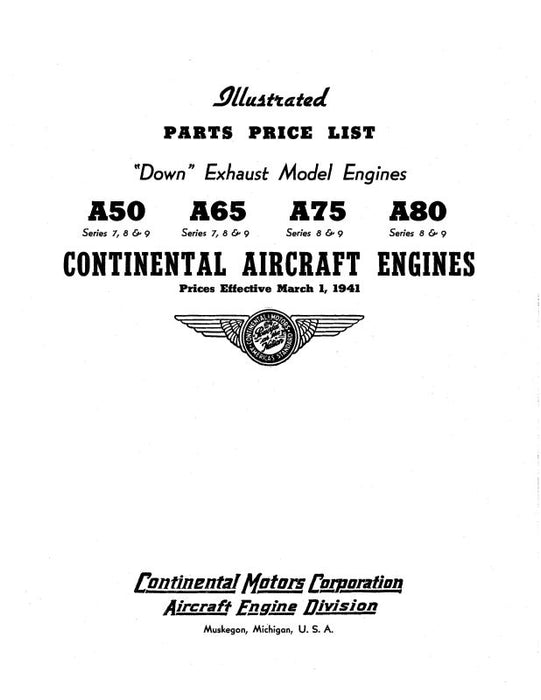Continental A50, A65, A75, A80 Parts Price List (COA50,65,75-P-C)