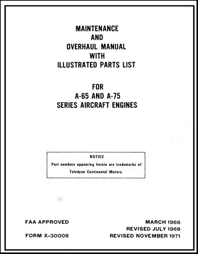 Continental A-65,75 Series Aircraft Engines Overhaul Manual & Parts Catalog 1977 (X30008)