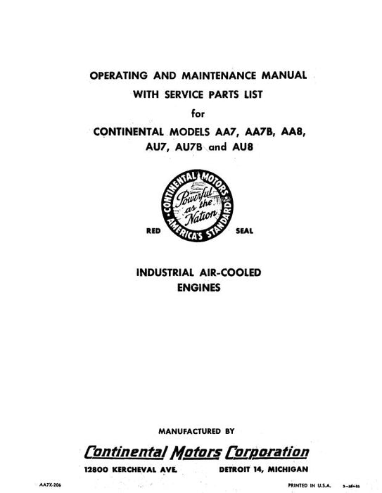 Continental Models AA7,B,AA8,AU7,B,AU8 Operating and Maintenance with Parts (AA7X-269)