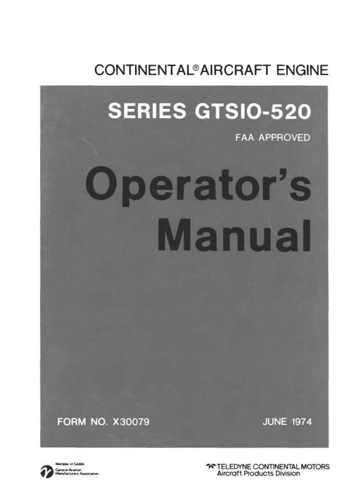 Continental GTSIO-520 Series 1974 Operator's Manual (X30079)