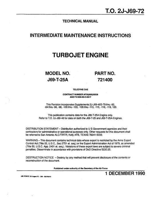 Continental J69-T-25A Turbo Jet Engine Maintenance Manual (2J-J69-72)