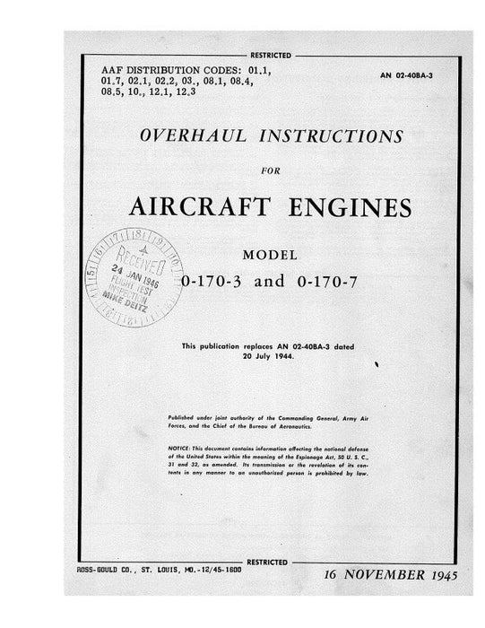 Continental O-170-3 and O-170-7 Overhaul Instructions (02-40BA-3)