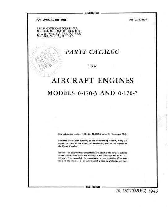 Continental O-170-3 and O-170-7 Parts Catalog (02-40BA-4)