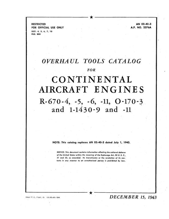 Continental R-670 Series Overhaul Tools Catalog (02-40-3)