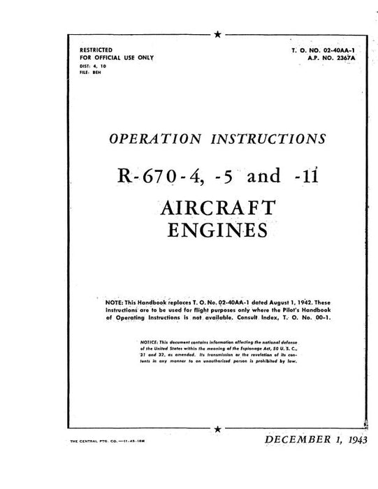 Continental R-670-4, -5, -11 1943 Operation Instructions (02-40AA-1)