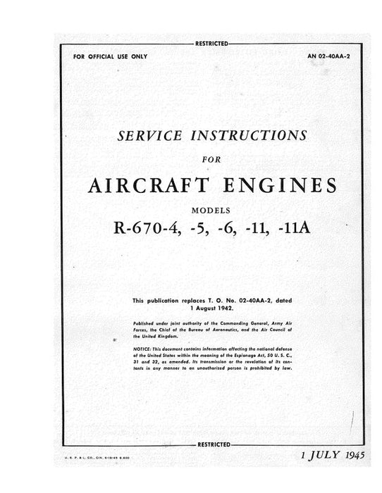 Continental R-670-4, -5, -6, -11, -11A1945 Maintenance Instructions (02-40AA-2)