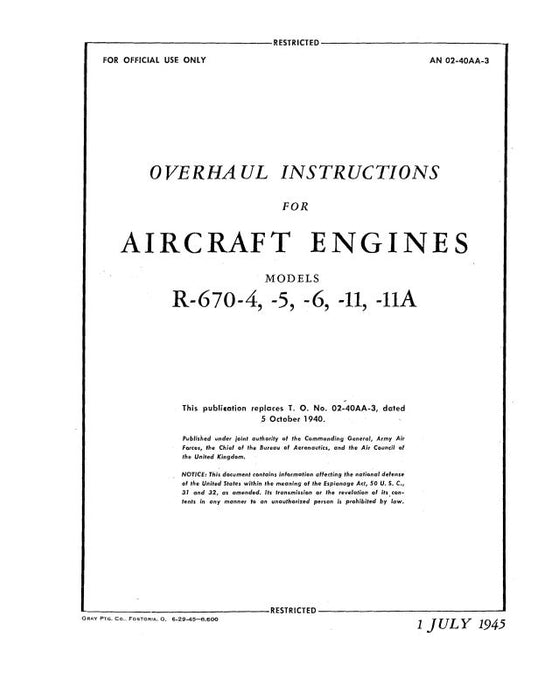 Continental R-670-4, -5, -6,-11,-11A 1945 Overhaul Instructions (02-40AA-3)